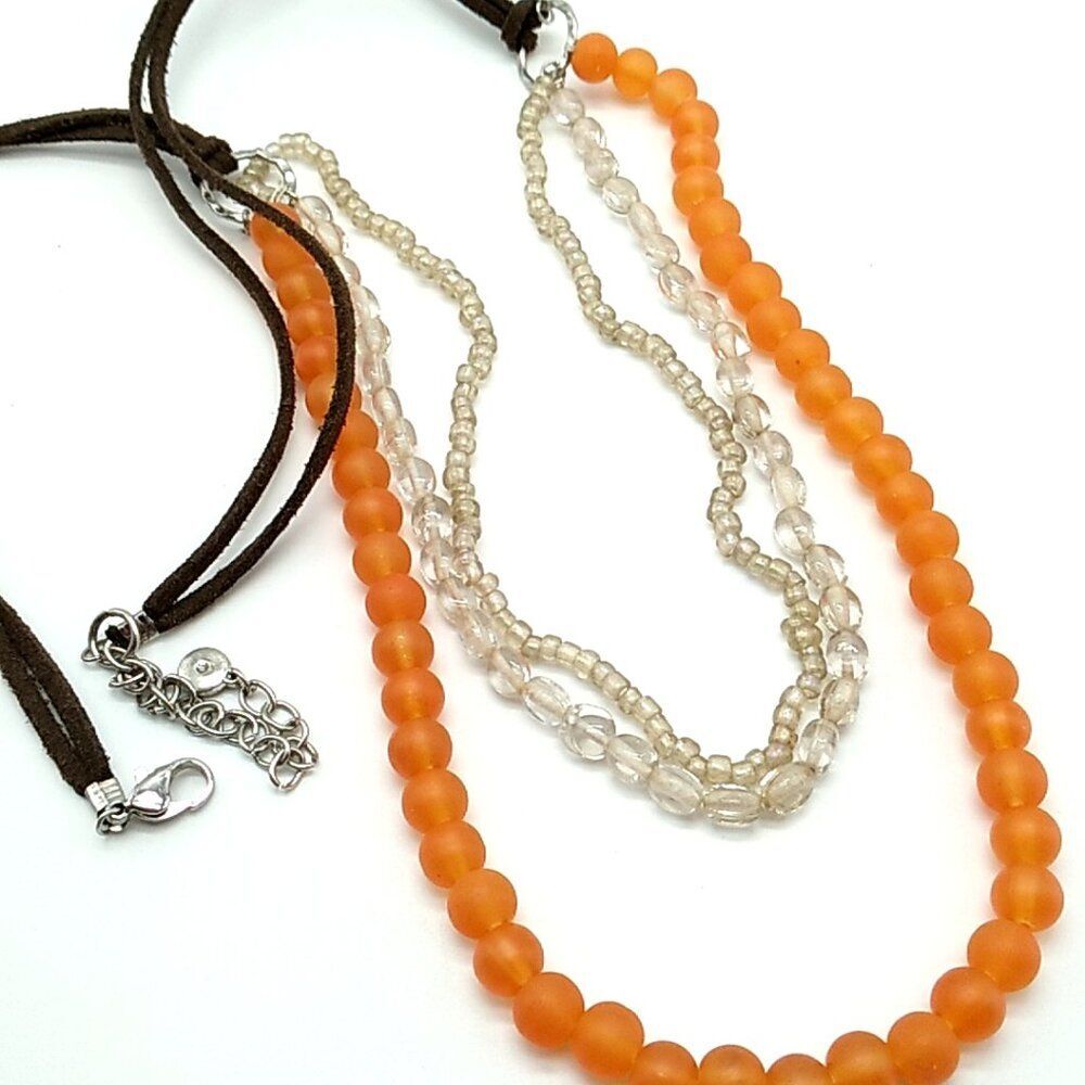 C1946 Triple Strand Salmon Glass & Clear Acrylic Beaded Necklace-Suede Cord Sign